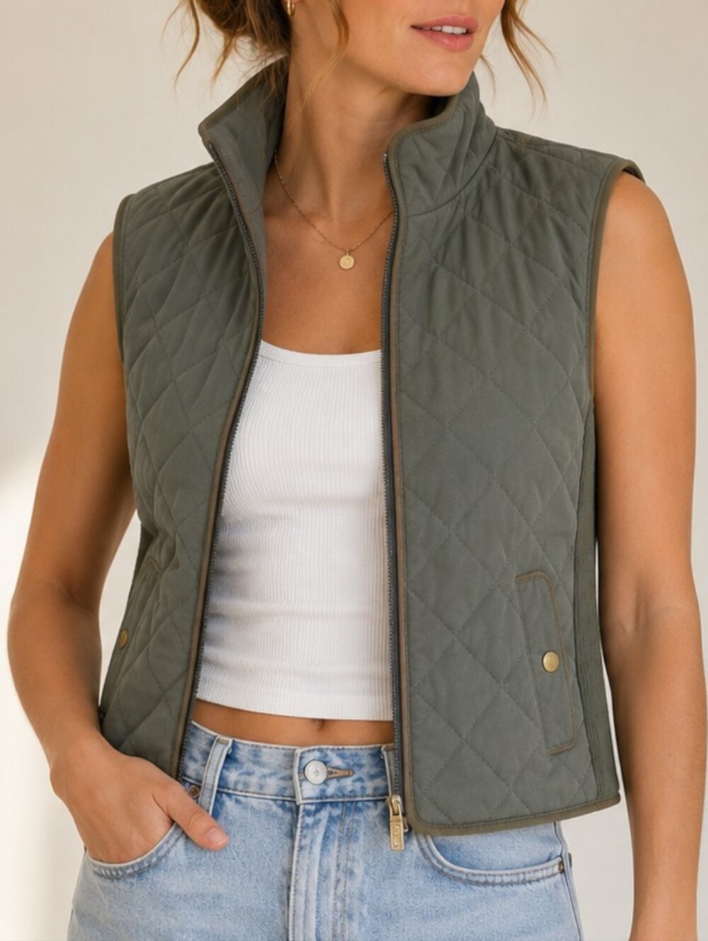 Telluride Clothing Co Quilted Vest Olive Green Women Med Equestrian Utility Gorp